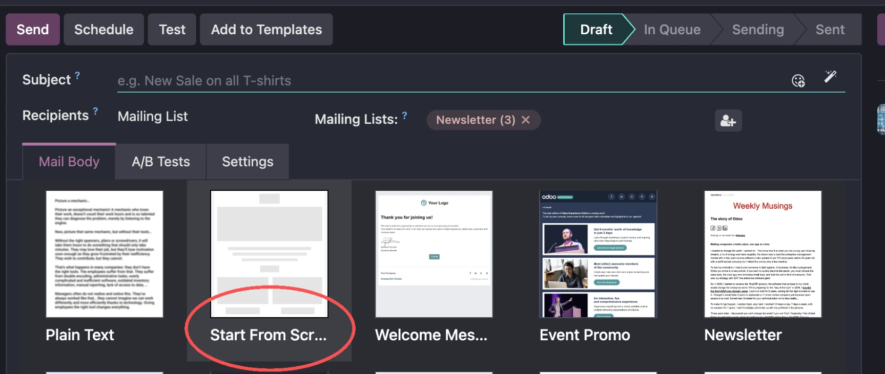 Showing the "Start From Scratch" template selection circled in red