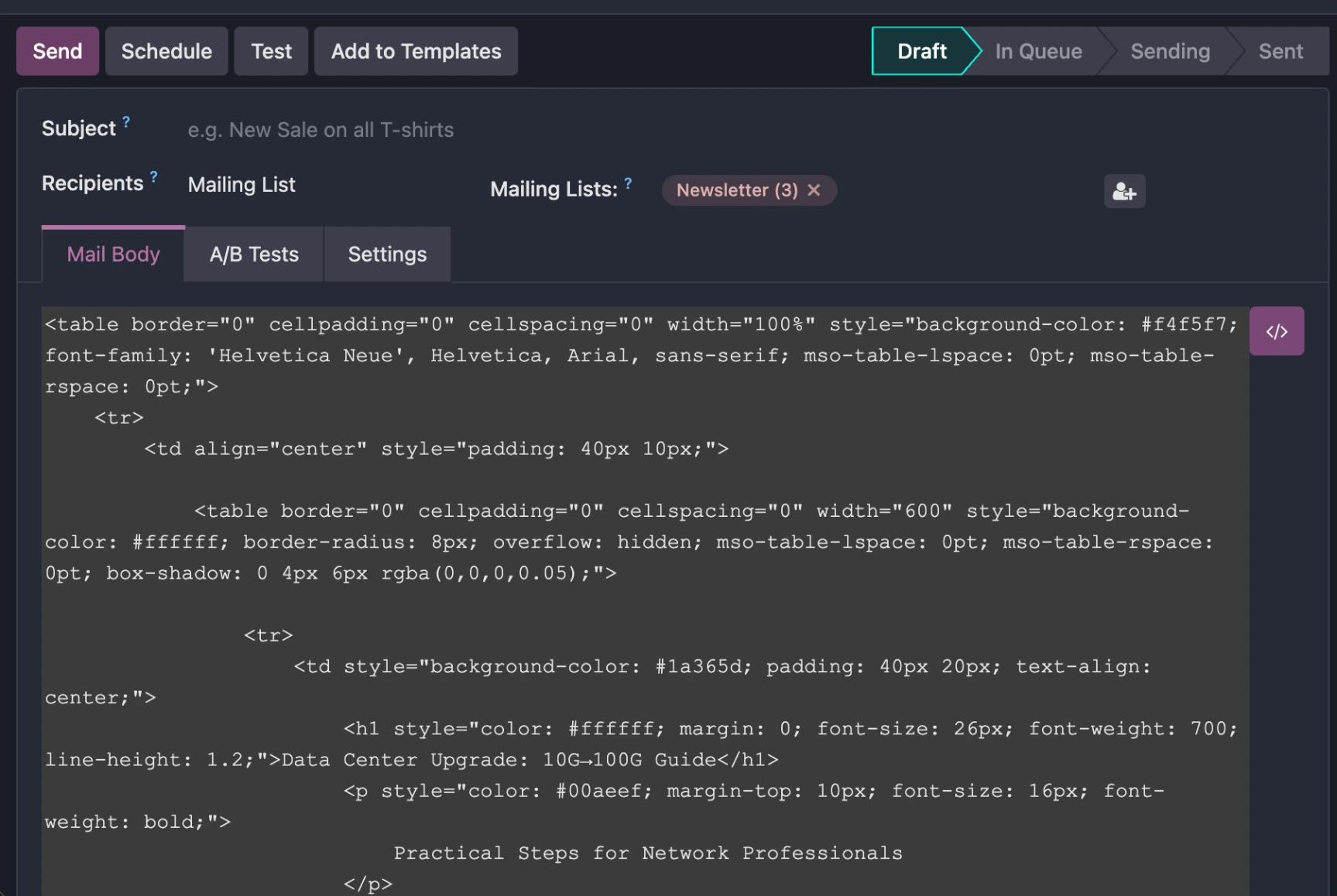 Showing the raw HTML code pasted into the dark mode editor
