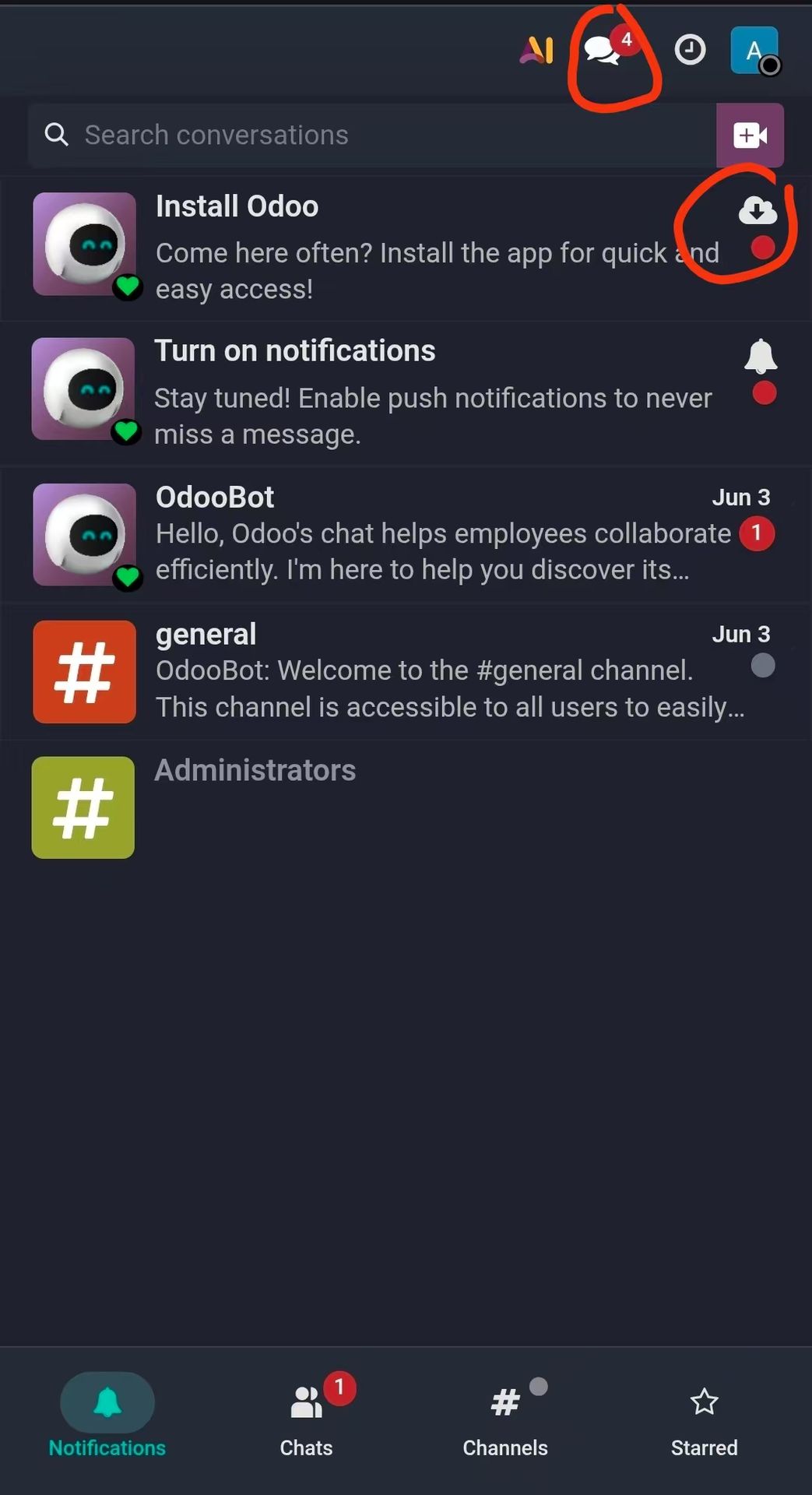 On the mobile web page, click "Activities", you can see "Install Odoo", click the icon to install On the mobile web page, click "Activities", you can see "Install Odoo", click the icon to install